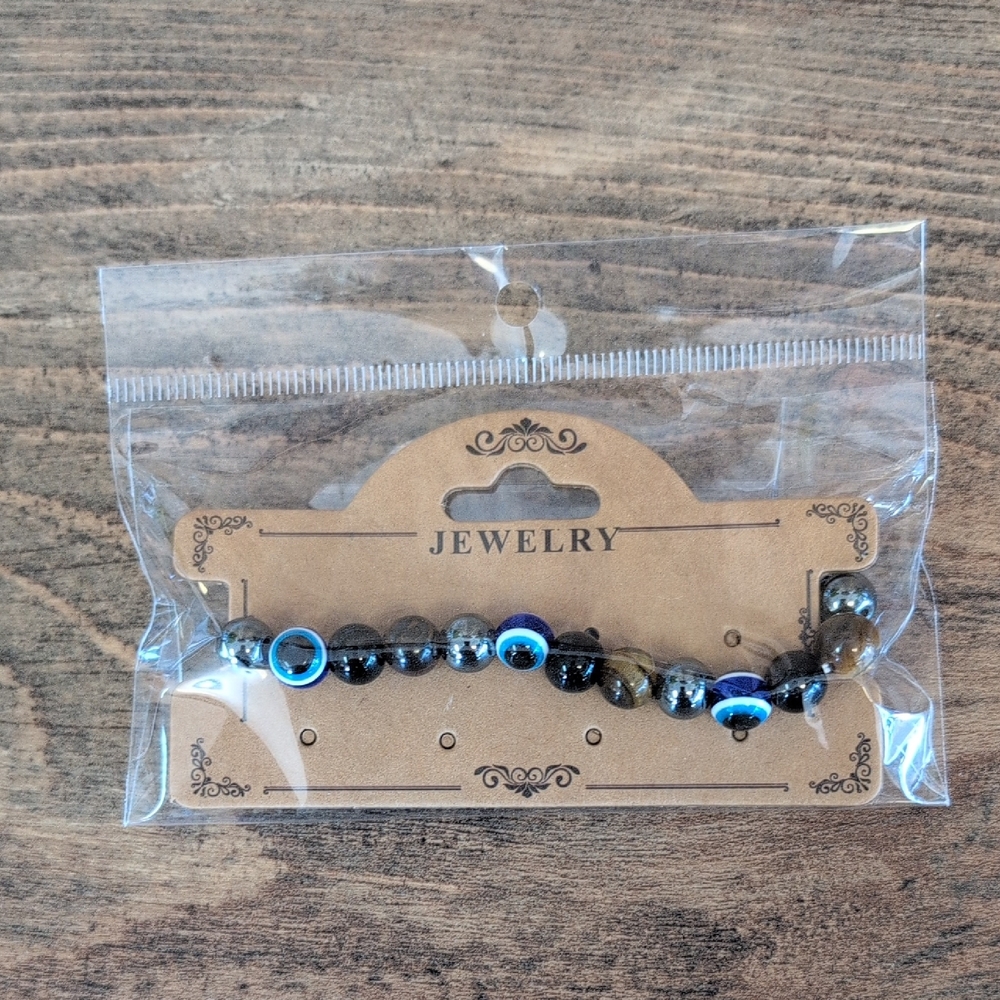 Eveil Eye Hematite Black Obsidian Tiger Eye Stone Beaded Bracelet NWT